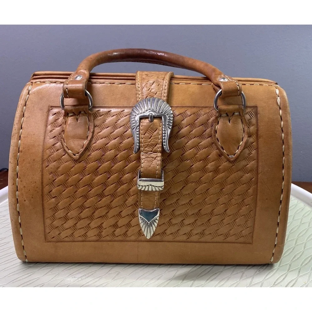 Force Ten Vtg Hand Tooled Leather Western Doctor Bag Satchel Purse 7.5x10x5